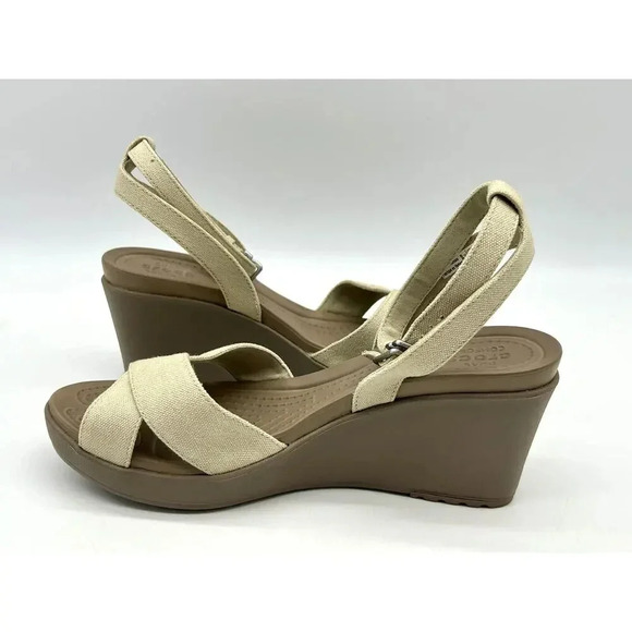 Crocs Leigh II Cross Strap Ankle Wedge Sandals Womens Size 10 Beige Shoes 204950 - Picture 6 of 12